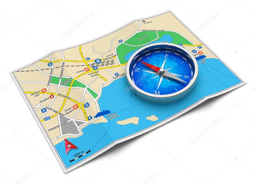 Topographic map and compass showing a planned wilderness route