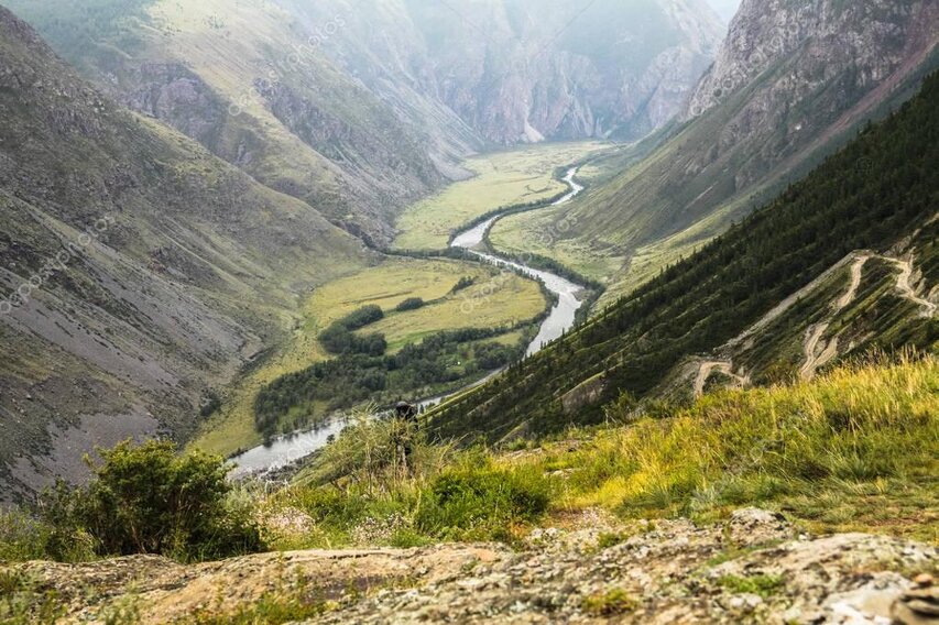 Small group hiking along a valley floor with snow-capped mountains ahead.